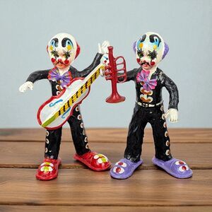 Vintage Mexican Paper Mache Musician Clowns: Pair of Folk Art Figurines